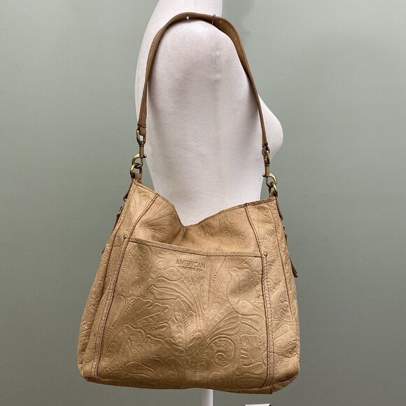 American Leather Co Tooled Leather Shoulder Bag Tan Buttery Soft Medium - Picture 1 of 15